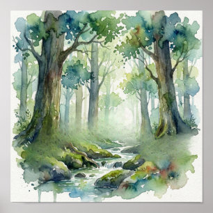 Poster Ruisseau de la Forêt Enchantée : Aquarelle verte é