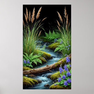 Poster Ruisseau tranquille de la forêt avec des fleurs sa