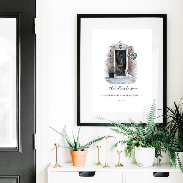 Poster Russe Aquarelle Gris brique et porte noire Chien t (Rustic Watercolor Grey Brick & Black Door Bull Dog Poster)