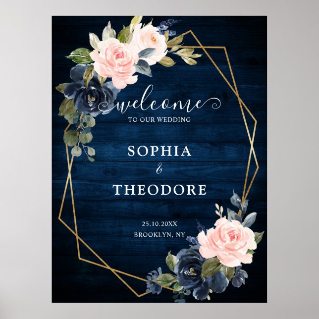 Poster Russe Bois Marine Blush Mariage géométrique Bienve (Devant)