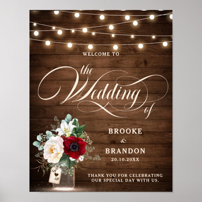 Poster Russe Bourgogne Floral Mason Jar Mariage Bienvenue (Devant)