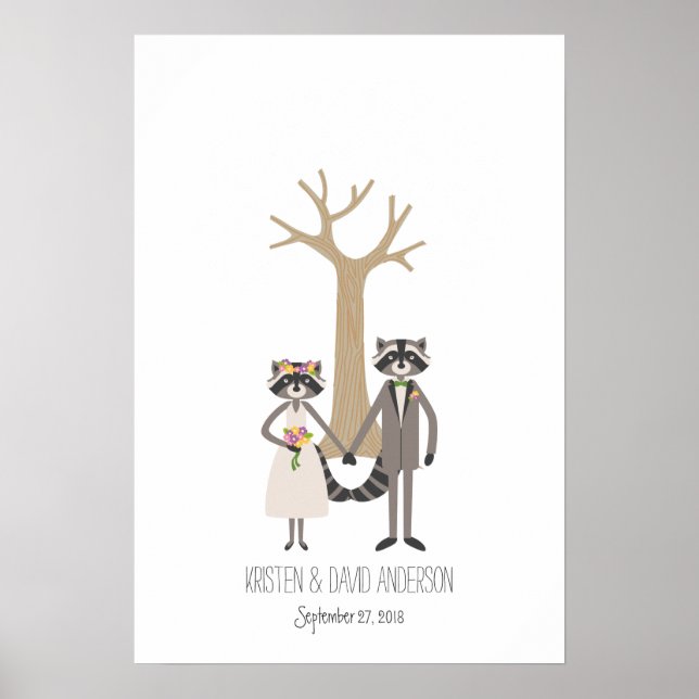 Poster Russe Raccoons Empreinte de signature Arbre (Devant)