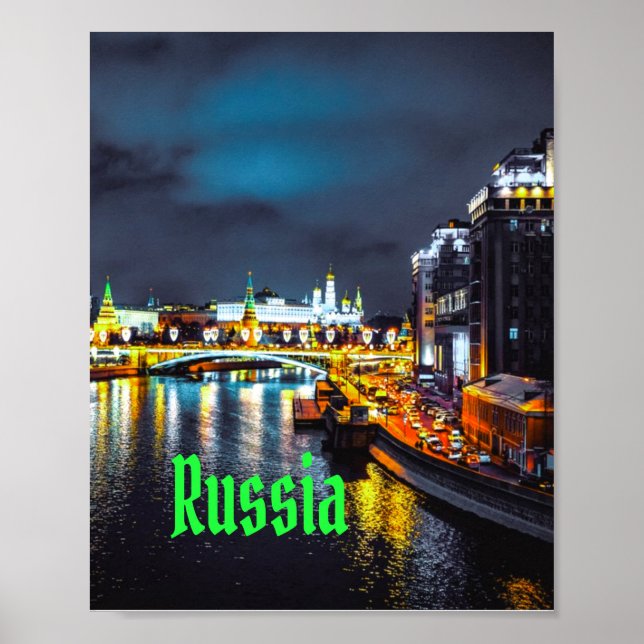 Poster Russie ou Fédération de Russie Moscou la nuit (Devant)