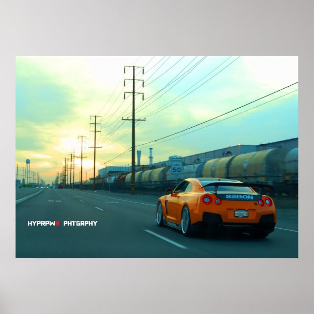 Poster "Rust" Nissan GT-R en zone industrielle au coucher (Devant)