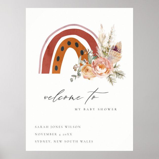 Poster Rust Orange Boho Flora Rainbow Baby shower Bienven (Devant)