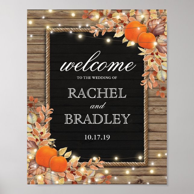 Poster Rustic Automne Lumières Citrouille Accueil Mariage (Devant)