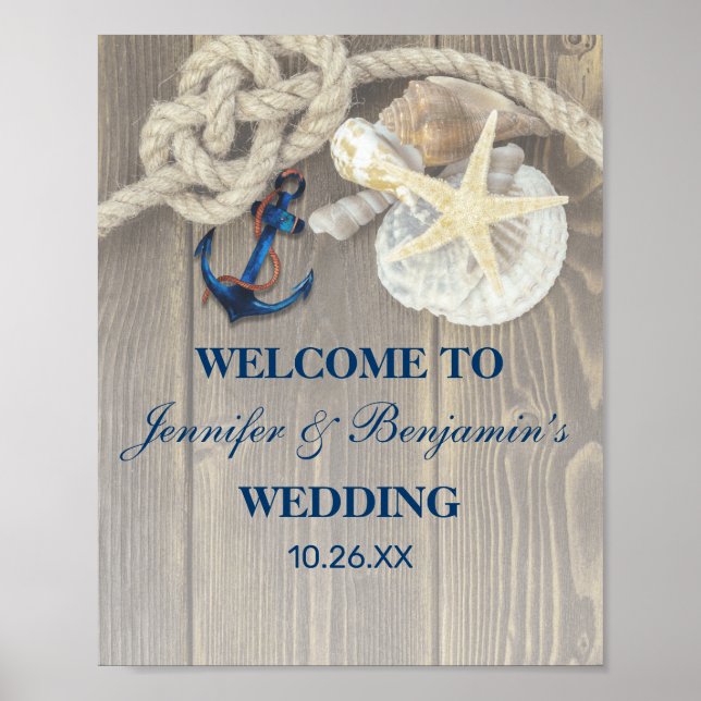 Poster Rustic Beach Shell Navy Ancre Mariage nautique (Devant)
