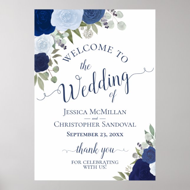 Poster Rustic Blue Roses Wedding Welcome A1 Size (Devant)
