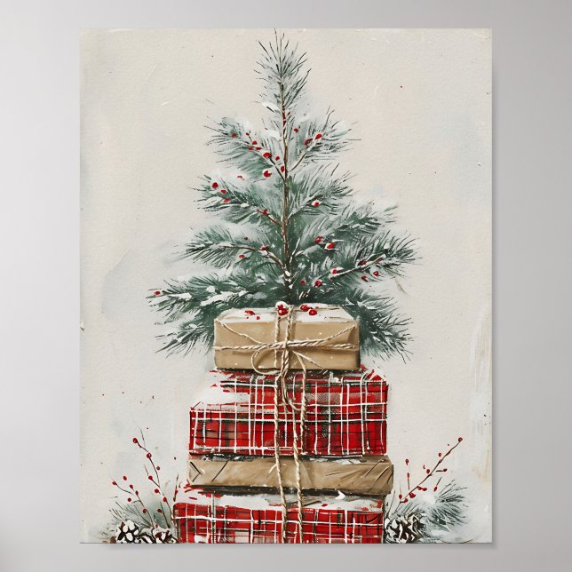 Poster Rustic Christmas Tree & Plaid Gift Stack  (Devant)