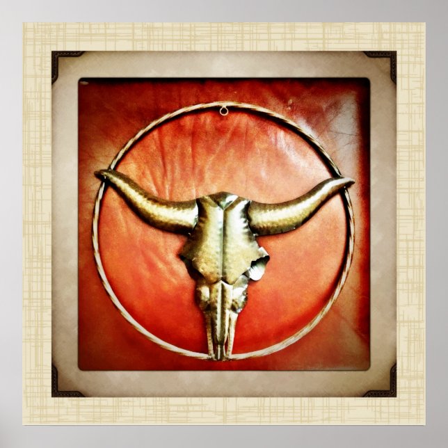 Poster Rustic Country Bull Horns Faux Design en cuir (Devant)