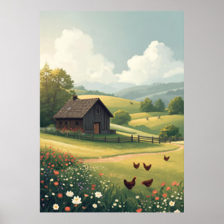 Poster Rustic Countryside Cabin with Wildflowers