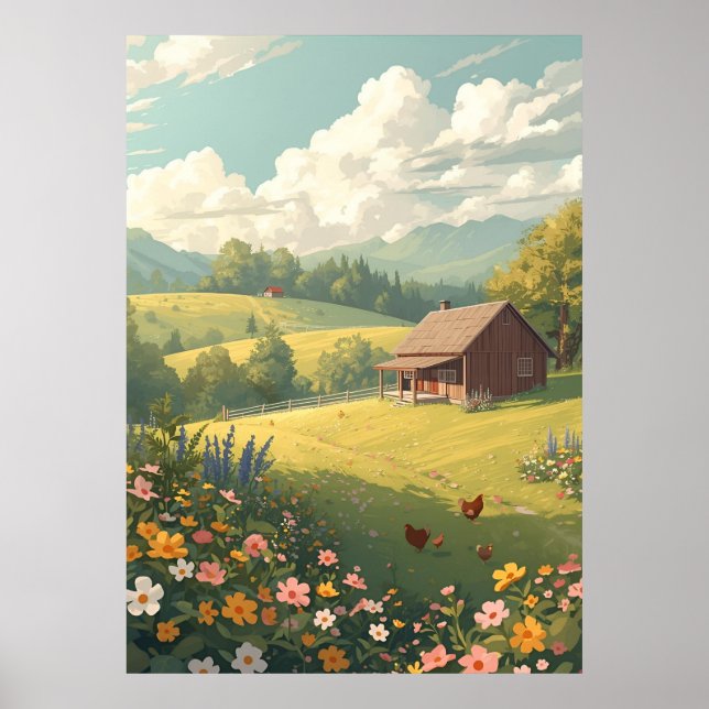 Poster Rustic Countryside Cabin with Wildflowers  (Devant)