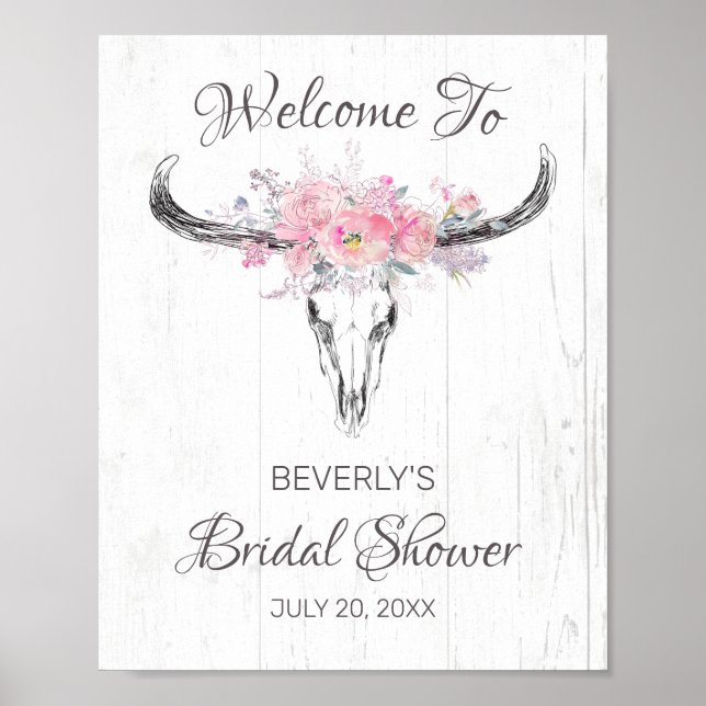 Poster Rustic Cow Skull Boho Floral Bridal Shower Welcome (Devant)