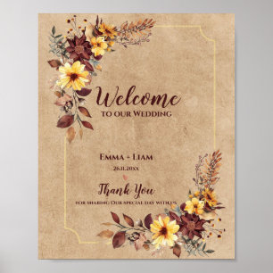Poster Rustic Fall Bourgogne Floral Bienvenue À Notre Mar