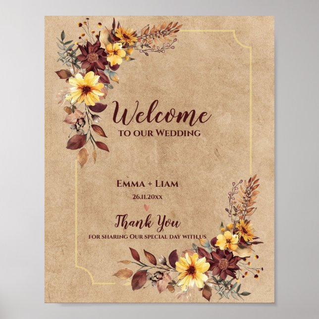 Poster Rustic Fall Bourgogne Floral Bienvenue À Notre Mar (Devant)
