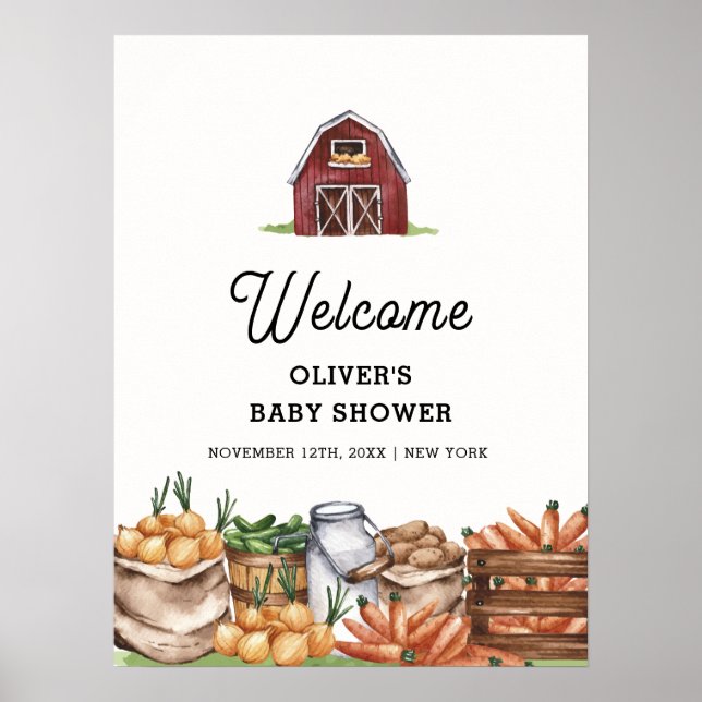 Poster Rustic Farm Barnyard Veggie Baby shower Bienvenue (Devant)