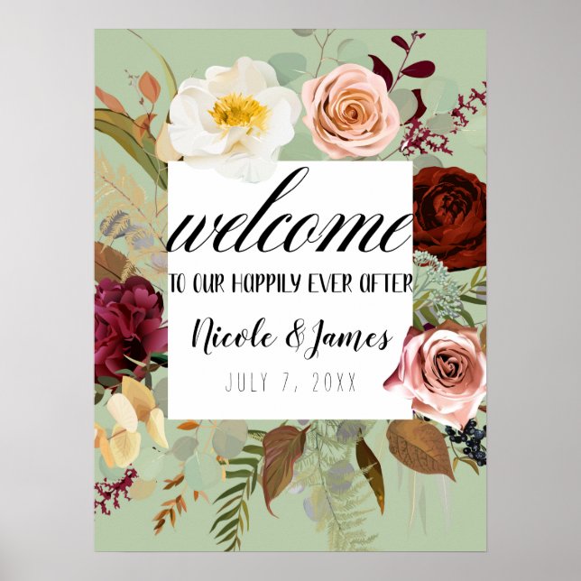 Poster Rustic Green Country Floral Bloom Mariage Bienvenu (Devant)