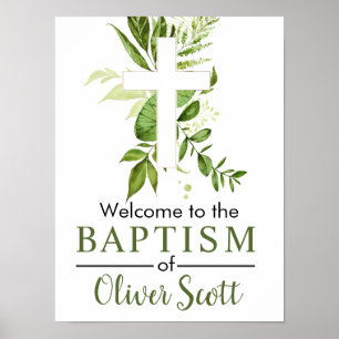 Poster Rustic Greenery Cross Boy Baptism Bienvenue