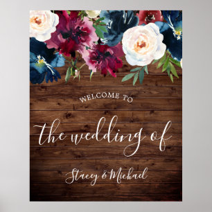 Poster Rustic Navy & Burgundy Floral Welcome Mariage