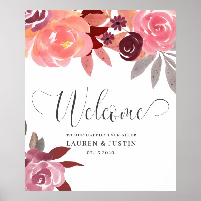 Poster Rustic Peonies Elegant Script Mariage Bienvenue (Devant)