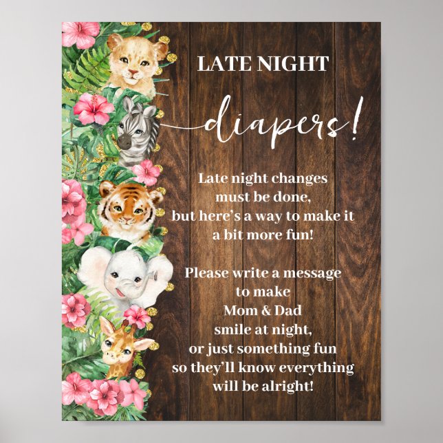 Poster Rustic Pink Safari Late Night Diapers Shower Game (Devant)