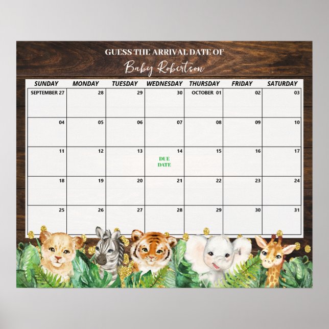 Poster Rustic Safari Baby Guess Date d'échéance Calendrie (Devant)