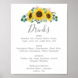 Poster Rustic Sunflower Mariage Boissons Menu Signer