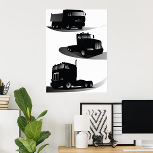Poster Rustic Trois Camions Noirs Conception Vintage Cami