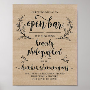 Poster Rustic Vines Mariage Open Bar Drung sign