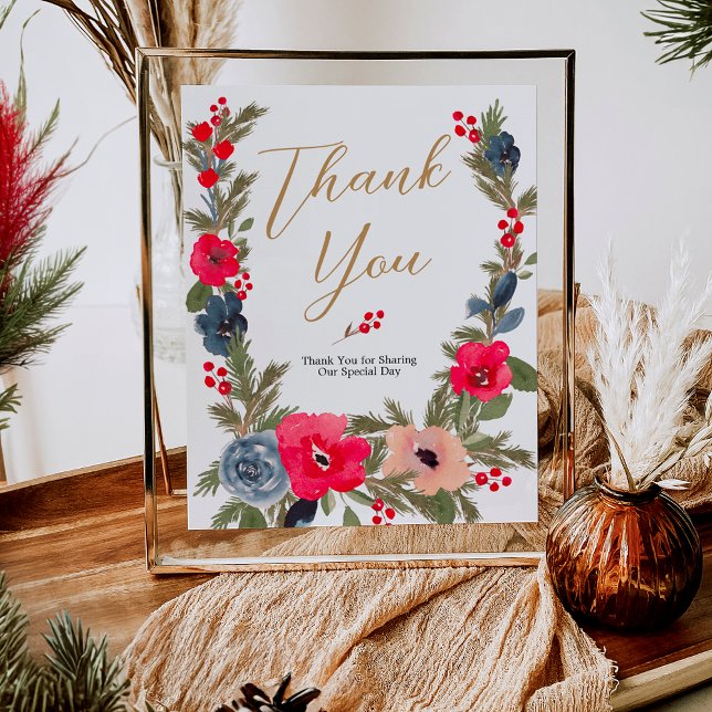 Poster Rustic Winter Floral Aquarelle Mariage merci (Rustic Winter Floral Watercolor Wedding thank you Poster)