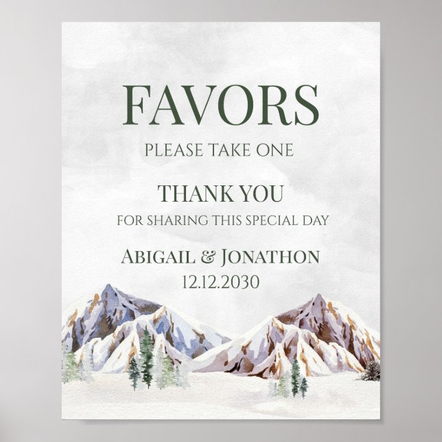 Poster Rustic Winter Mountain Wedding Favors Sign (Devant)