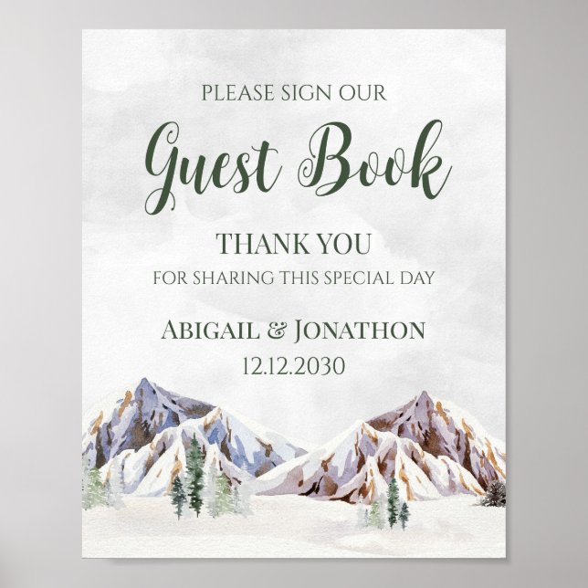 Poster Rustic Winter Mountain Wedding Guest Book Sign (Devant)