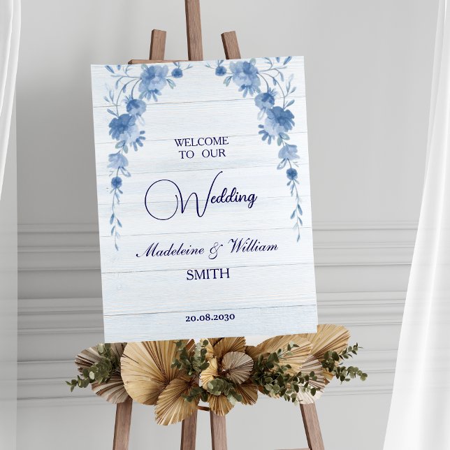Poster Rustic Wood Blue Floral Wedding Welcome Sign (Créateur téléchargé)