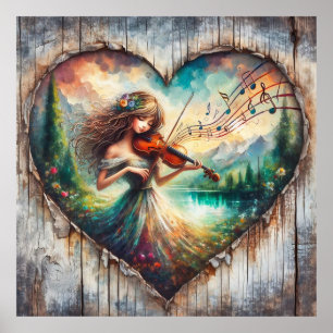 Poster Rustic Wood Girl Jouant de la musique violon