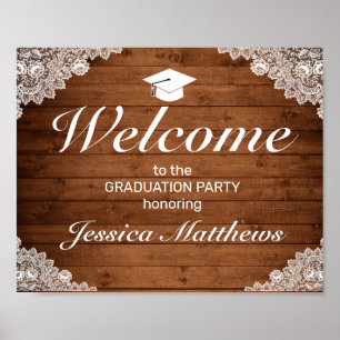 Poster Rustic Wood & White Lace Graduation Welcome Party
