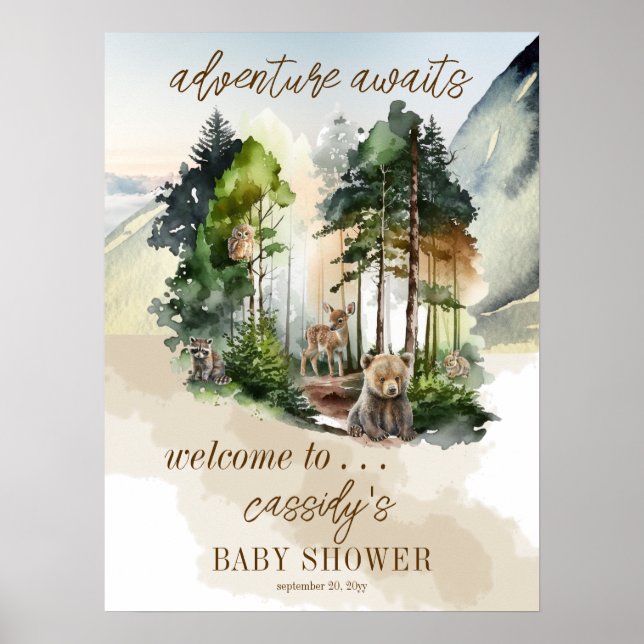 Poster Rustic Woodland Adventure Attend Boy Baby shower (Devant)