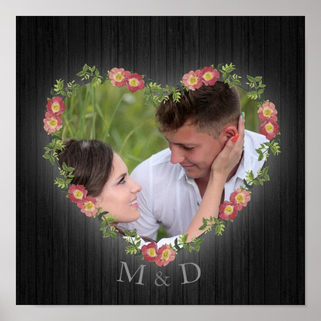 Poster Rustique Bois Floral Coeur Photo et Initiales (Devant)