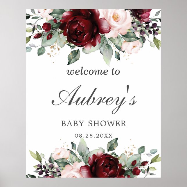 Poster Rustique Bourgogne Blush Baby shower Floral Bienve (Devant)
