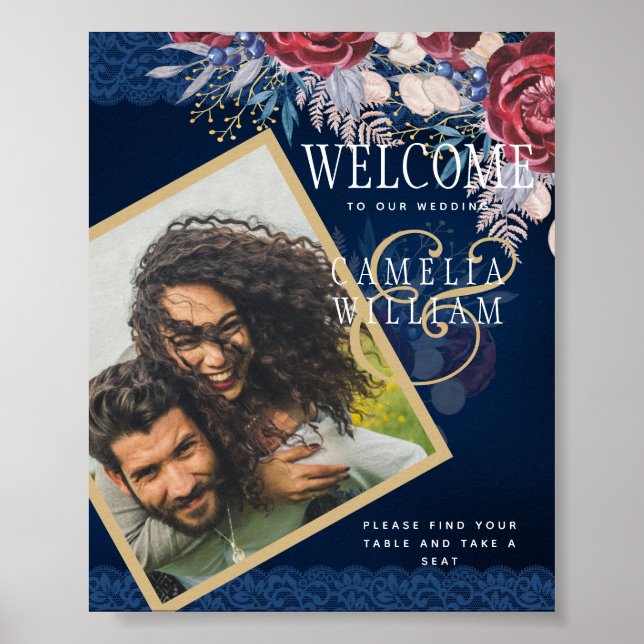 Poster Rustique Burgundy Blue Floral Dentelle PHOTO Bienv (Devant)