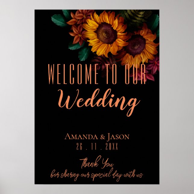 Poster Rustique Burnt Orange Floral Mariage Bienvenue (Devant)