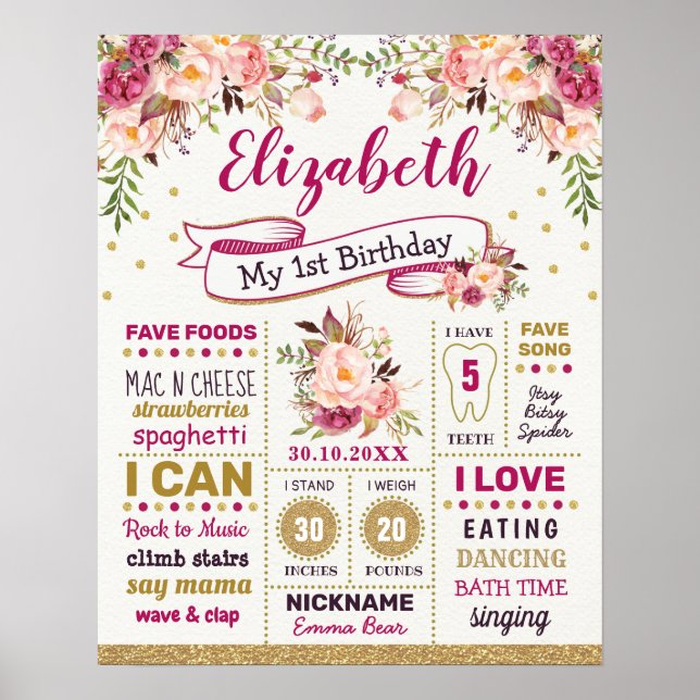 Poster Rustique Chic Blush Floral Girl Anniversaire Jalon (Devant)