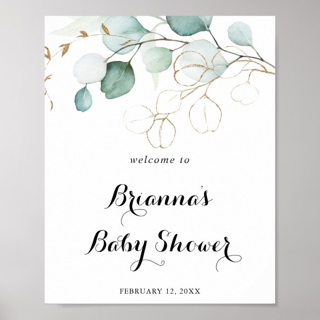 Poster Rustique Eucalyptus Gold Baby shower Floral Bienve (Devant)