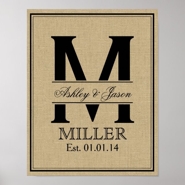 Poster Rustique Faux Burlap Mariage Monogramme (Devant)