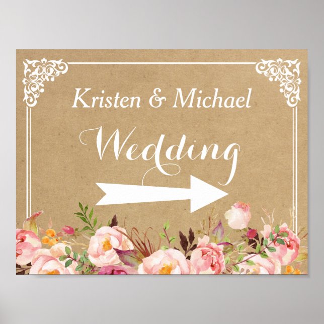 Poster Rustique Floral Kraft | Panneau de direction Maria (Devant)