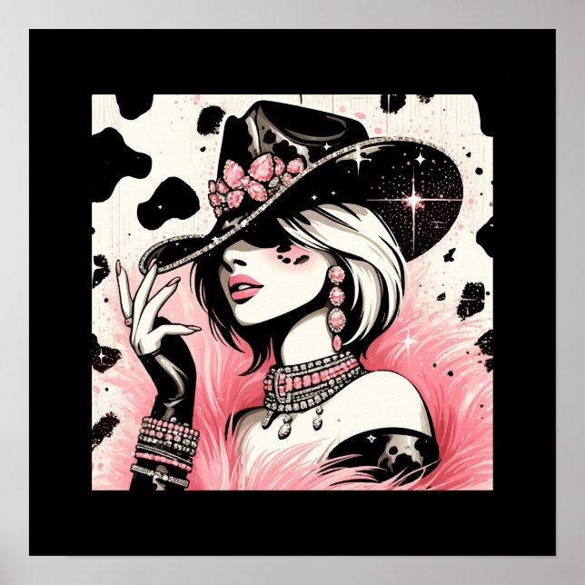 Poster Rustique Glam Cowgirl rose étincelante Cowhide Imp (Devant)