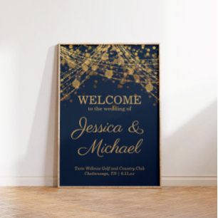 Poster Rustique Glam Marine Blue Gold Mariage Bienvenue