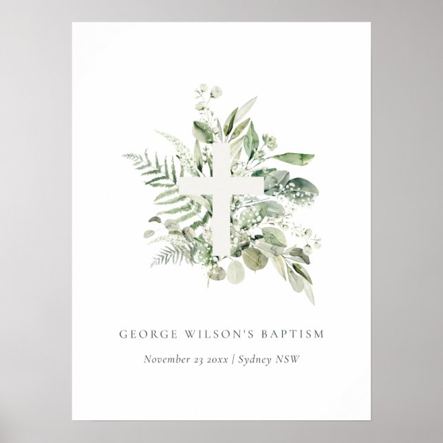 Poster Rustique Green Eucalyptus Fern Foliage Croix Baptê (Devant)