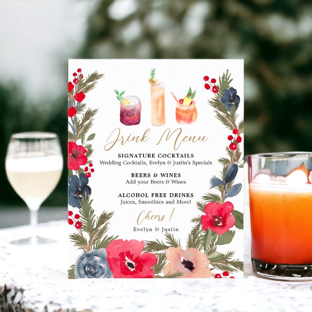 Poster Rustique hiver Floral Aquarelle Mariage menu boiss (Rustic Winter Floral Watercolor Wedding Drink Menu Poster)