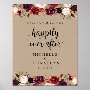 Poster Rustique Kraft Bourgogne Floral Mariage Welcome Po
