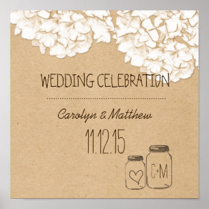 Poster Rustique papier Kraft Hydrangeas Mariage floral